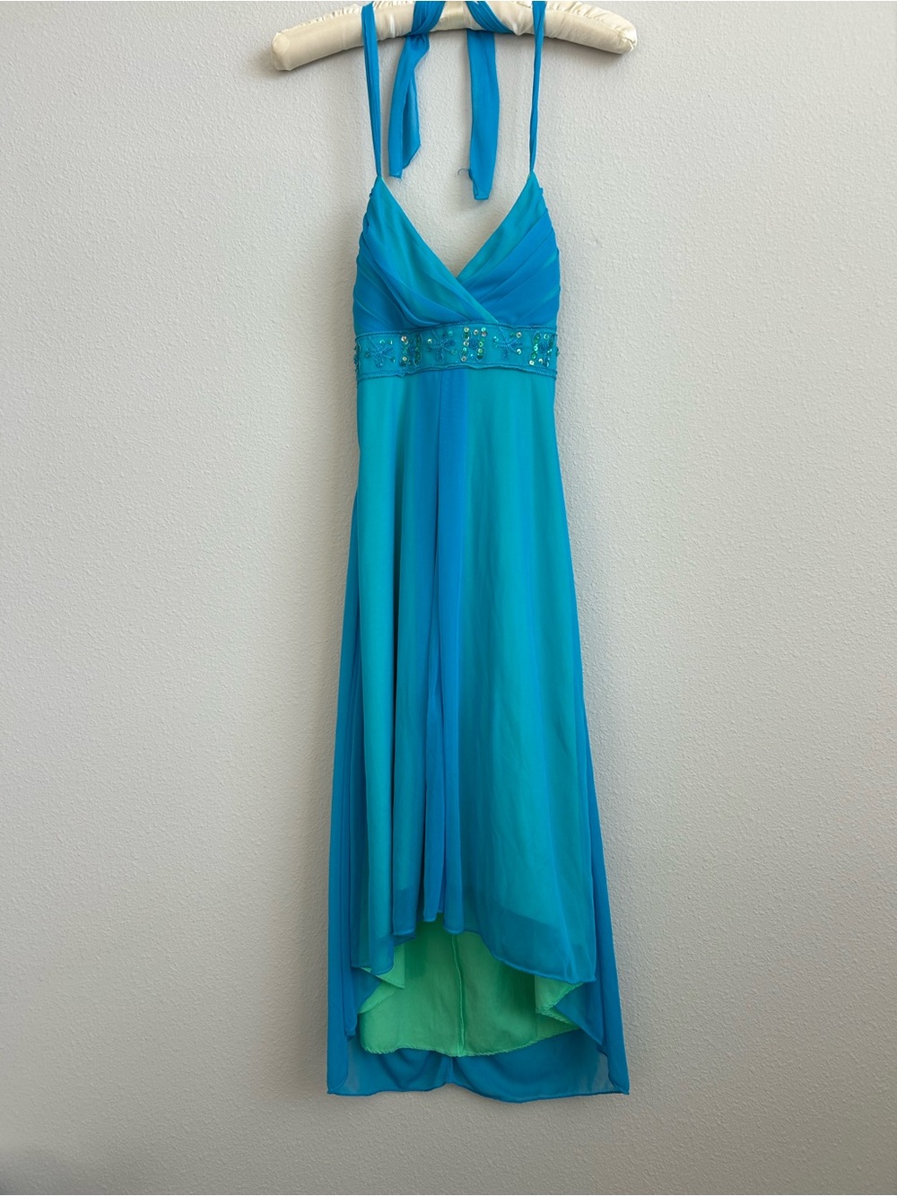 Y2K City Triangles Fairy Turquoise Blue With Sequins Halter Dress